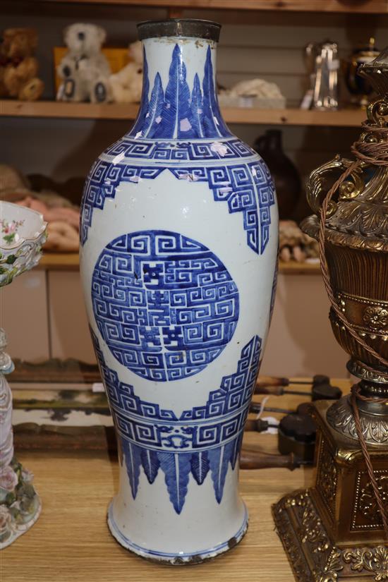 A large 19th century Chinese blue and white baluster vase height 58cm (a.f.)